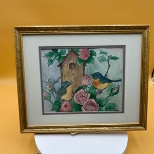 Vintage Jenny Tucker bluebird whimsical art, bird, birdhouse, spring